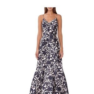 Monique Lhuillier Midnight Blue and Ivory Maxi Gown
